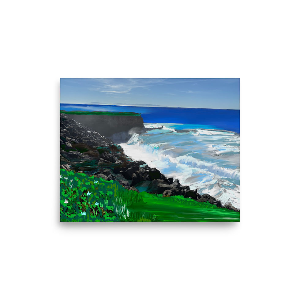Thumbnail: Santa Cruz coastal wall art showing crashing waves against black rocky cliffs along West Cliff Drive with green bluffs and bl