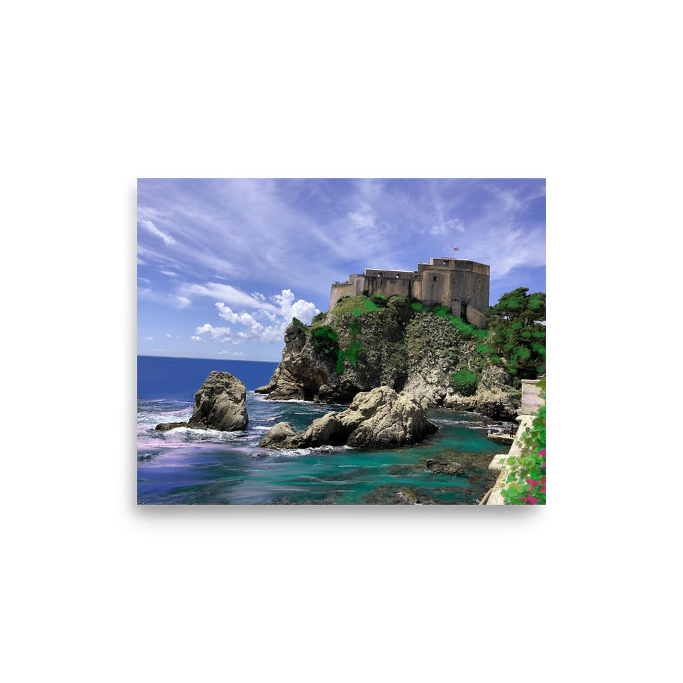 Thumbnail: Dubrovnik Croatia wall art print of an ancient fortress on coastal cliffs above turquoise Adriatic waters