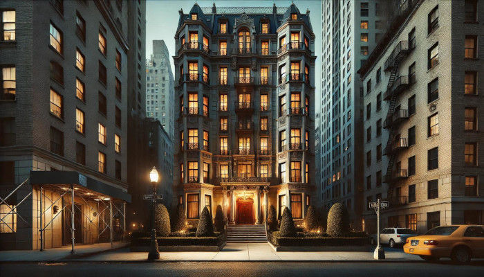 A sleek, upscale New York City apartment building with glowing windows and intricate details, set in a quiet, eerie neighborhood at night.