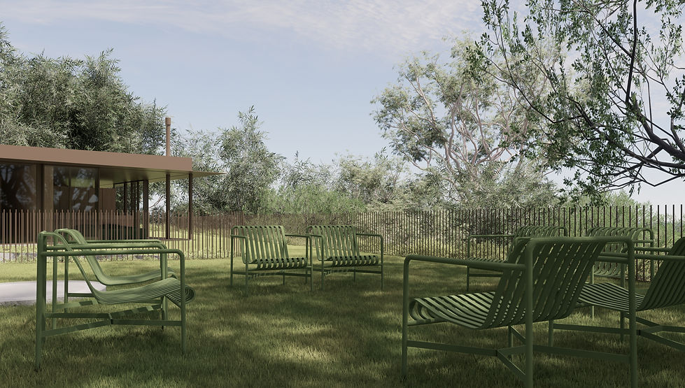 Boutique Sunshine Coast residential design showcasing an outdoor sanctuary with green chairs.