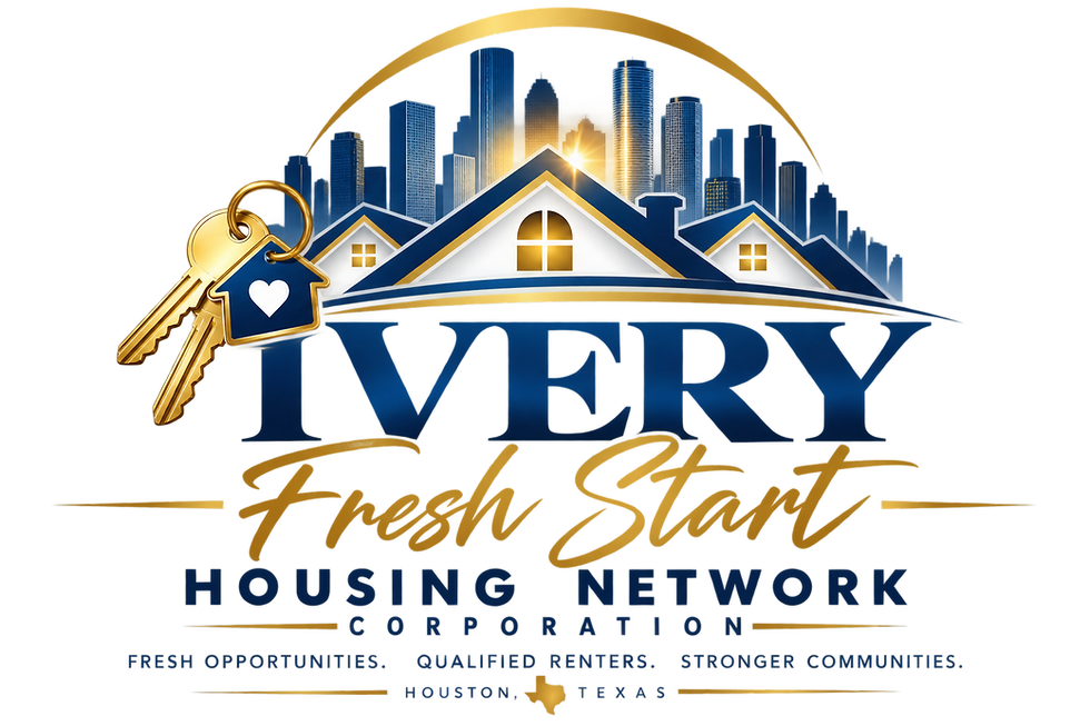 wide landscape logo for Ivery Fresh Start Housing Network with houses, city skyline, and gold keys in blue, gold, and white colors
