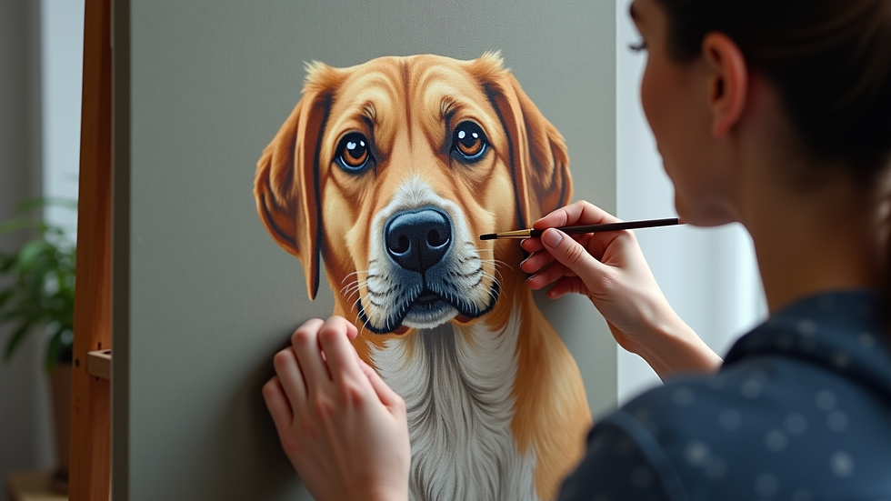 Close-up view of an artist painting a pet portrait on canvas