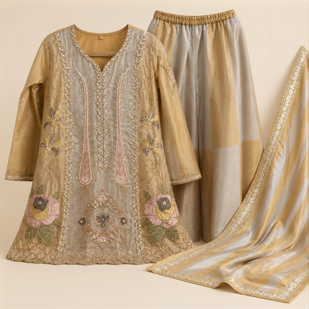 GOLD & SILVER HAND-EMBROIDERED SHARARA SET