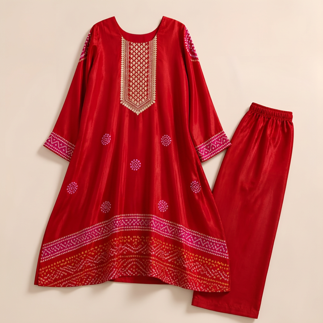 DEEP RED GAJJI SILK BANDHANI A-LINE SUIT SET
