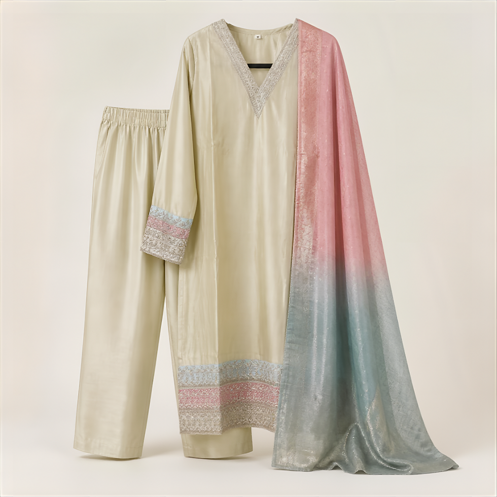Thumbnail: CHAMPAGNE CHANDERI SILK SUIT SET WITH OMBRÉ DUPATTA