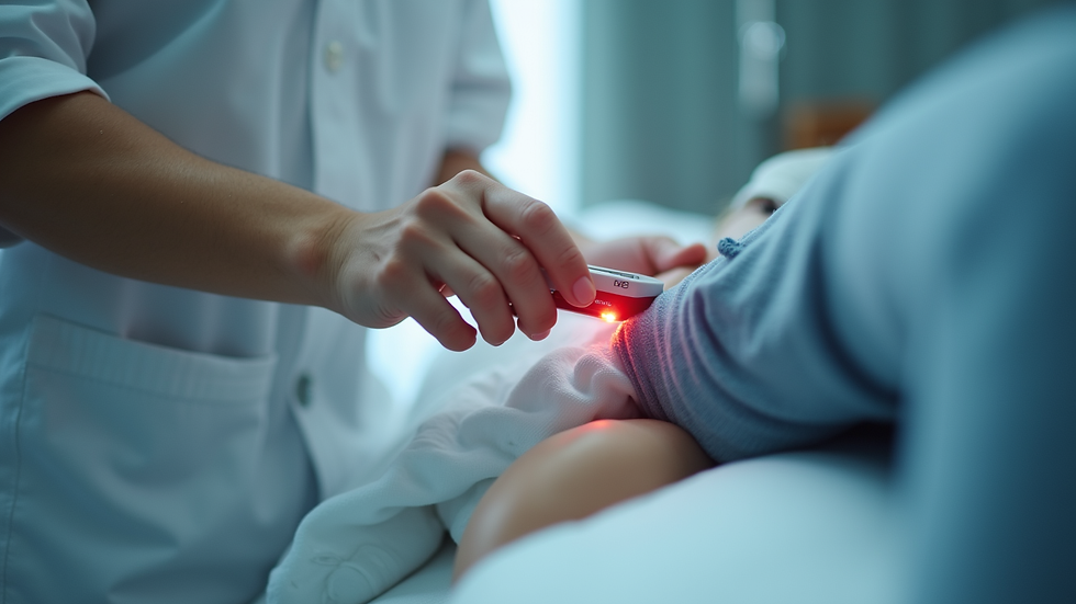 Eye-level view of a physiotherapist adjusting laser therapy equipment in a clinic