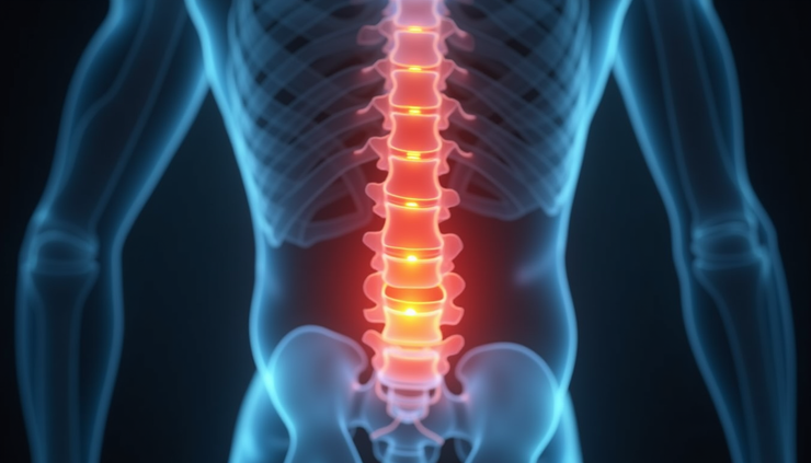 Vista frontal da coluna lombar com indicação dos pontos de dor na protusão discal