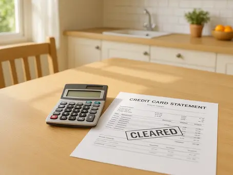 Calculator and credit card statement marked "CLEARED" on a wooden kitchen table. Bright room with white tiles and a bowl of oranges.