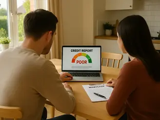 Two people sit at a table, viewing a laptop showing a "Credit Report: Poor." A mortgage document is on the table. Bright kitchen setting.