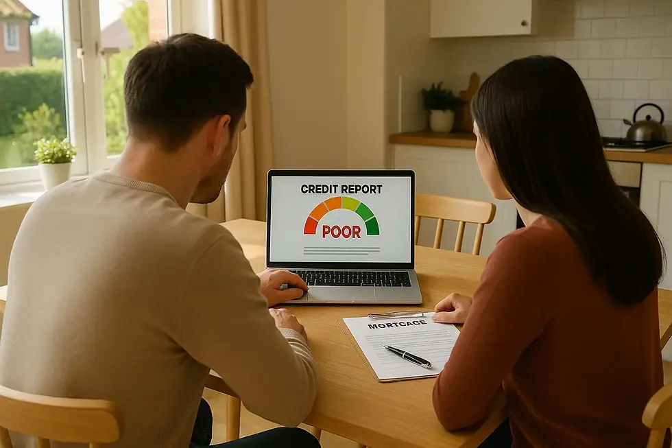 Two people sit at a table, viewing a laptop showing a "Credit Report: Poor." A mortgage document is on the table. Bright kitchen setting.