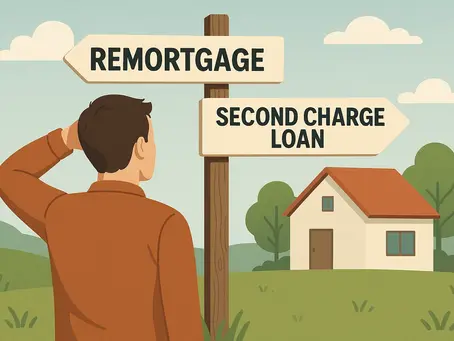 Man in brown jacket, scratching head, stands before a wooden signpost labeled Remortgage and Second Charge Loan. House and trees in background.