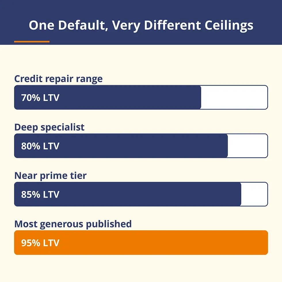 Maximum loan to value against one default registered twelve to twenty four months ago, from 70 to 95 per cent