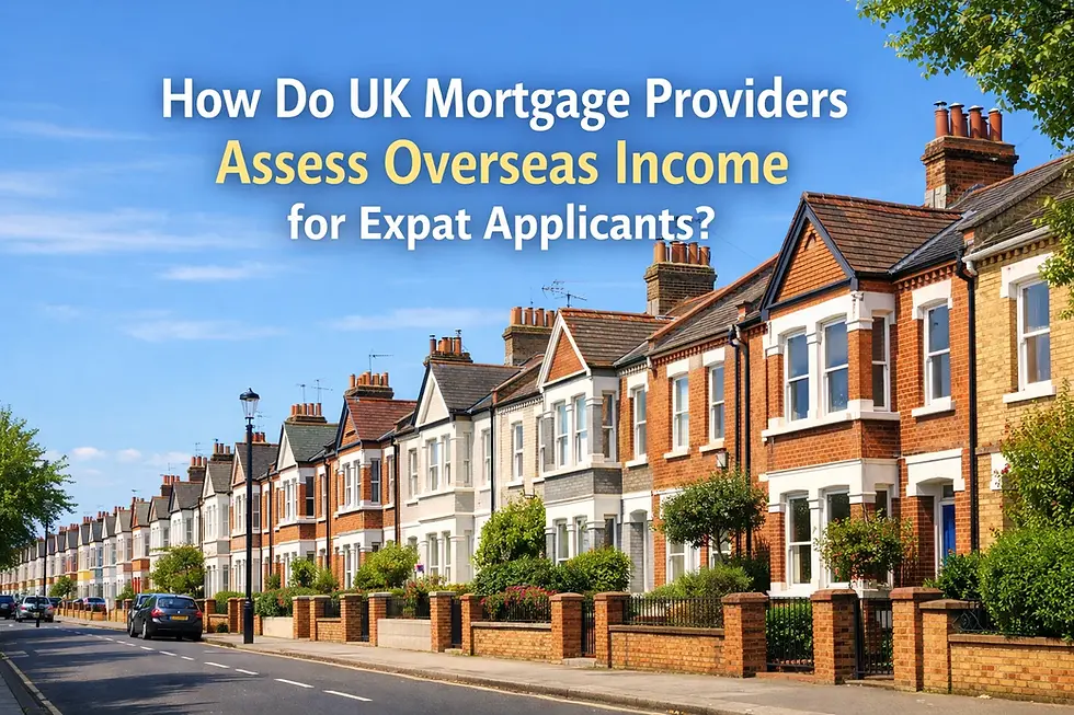 Street view of colorful British row houses under a blue sky. Text reads: "How Do UK Mortgage Providers Assess Overseas Income for Expat Applicants?"