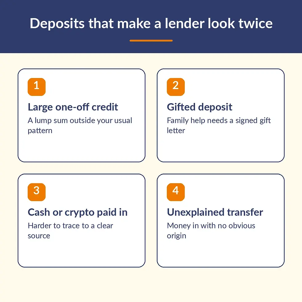 Four deposit types that make a mortgage lender look twice: large one-off credit, gift, cash or crypto, unexplained transfer