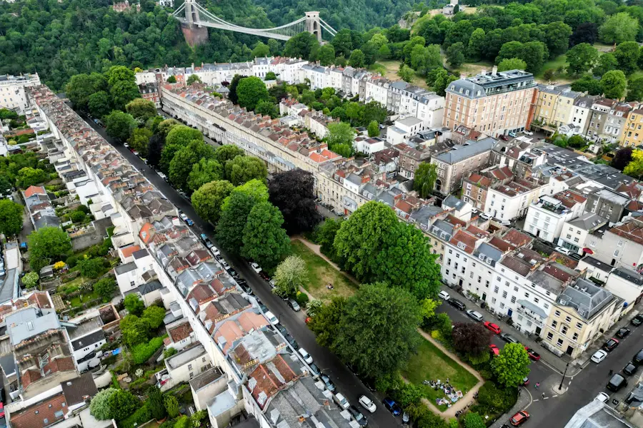 Aerial view of Clifton in Bristol with the Clifton Suspension Bridge in the background, the city first-time buyers are saving deposits to buy in