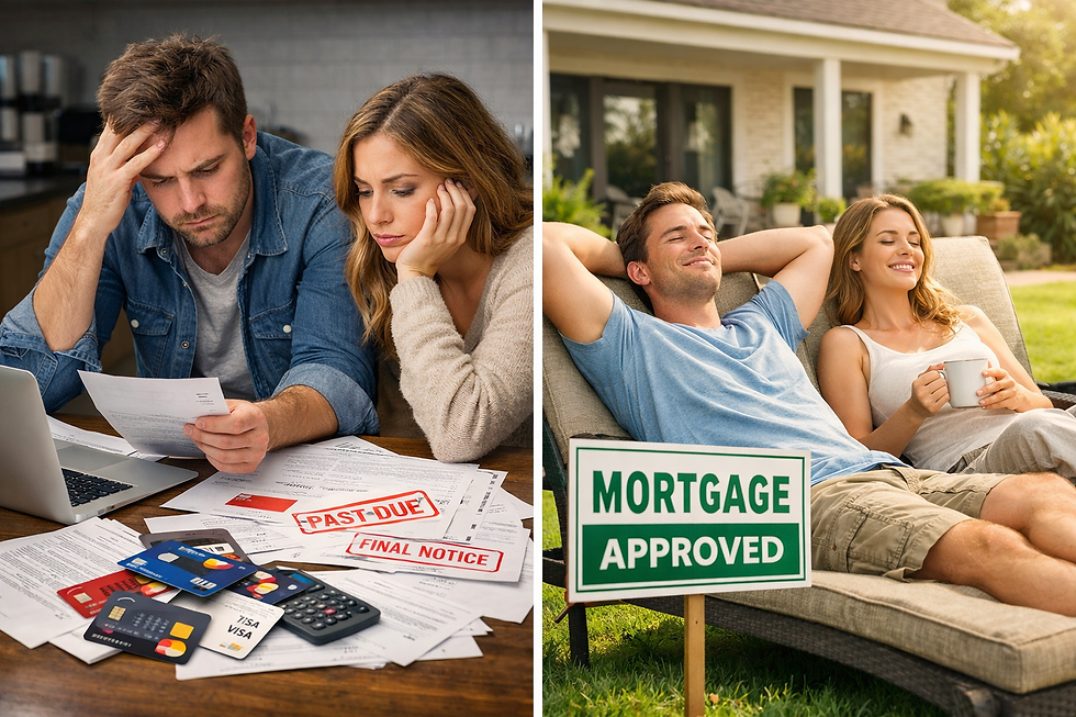 Split image, stressed with credit cards vs relaxed after remortgage