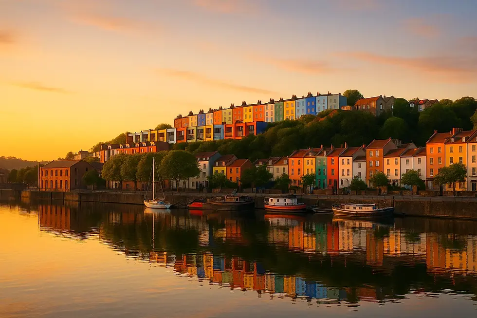 Colorful houses on a hill at sunset reflect in calm harbor waters. Boats docked, trees lining the shore. Warm, tranquil atmosphere.