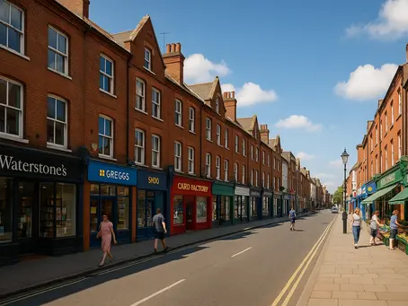 Street with red brick buildings; shops like Waterstone's, Greggs. People walking under a sunny, blue sky. Relaxed urban atmosphere.