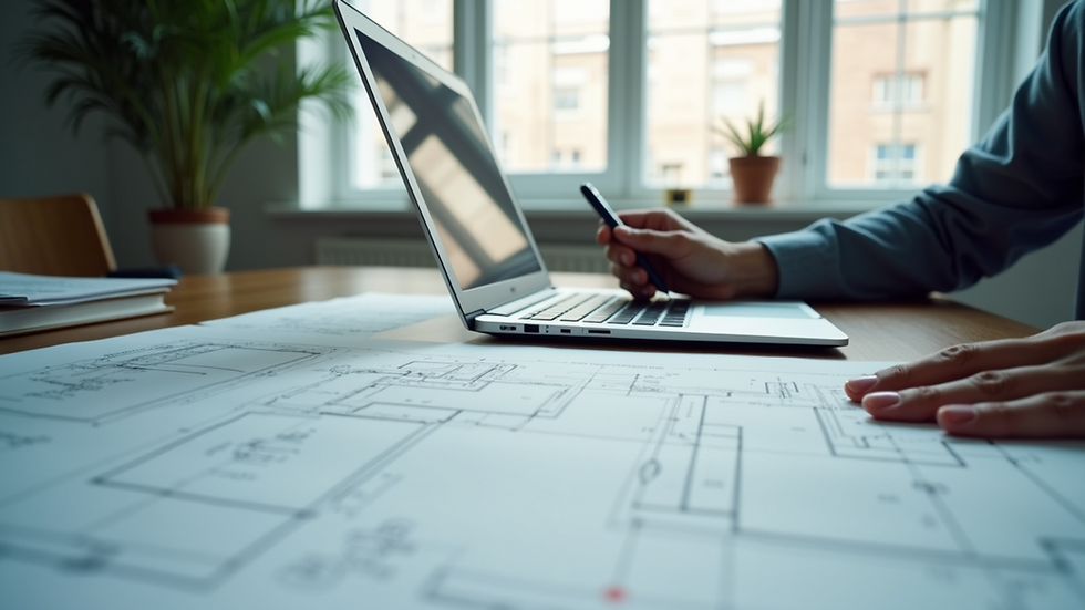 Close-up view of an architect's desk with building plans and a laptop
