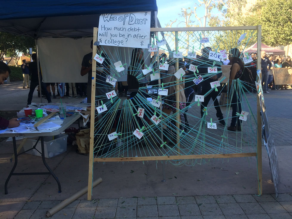 Students add their debt onto the "Web of Debt" near Langson Library.