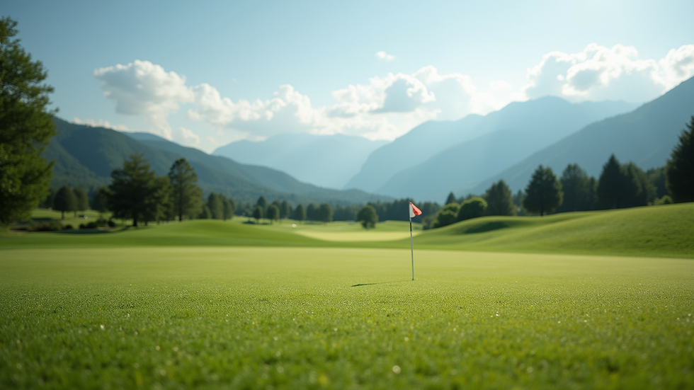 Wide angle view of a scenic golf course with mountains in the background
