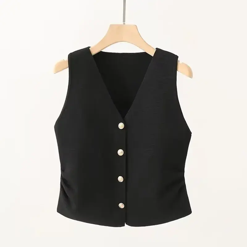 Thumbnail: Womens Gold Button Front Vest V-Neck Ruched Waist Sleeveless Knit Jacket Casual