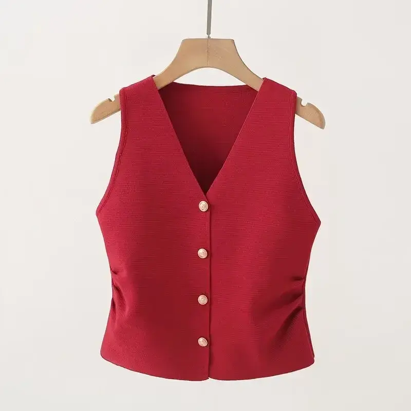 Thumbnail: Womens Gold Button Front Vest V-Neck Ruched Waist Sleeveless Knit Jacket Casual