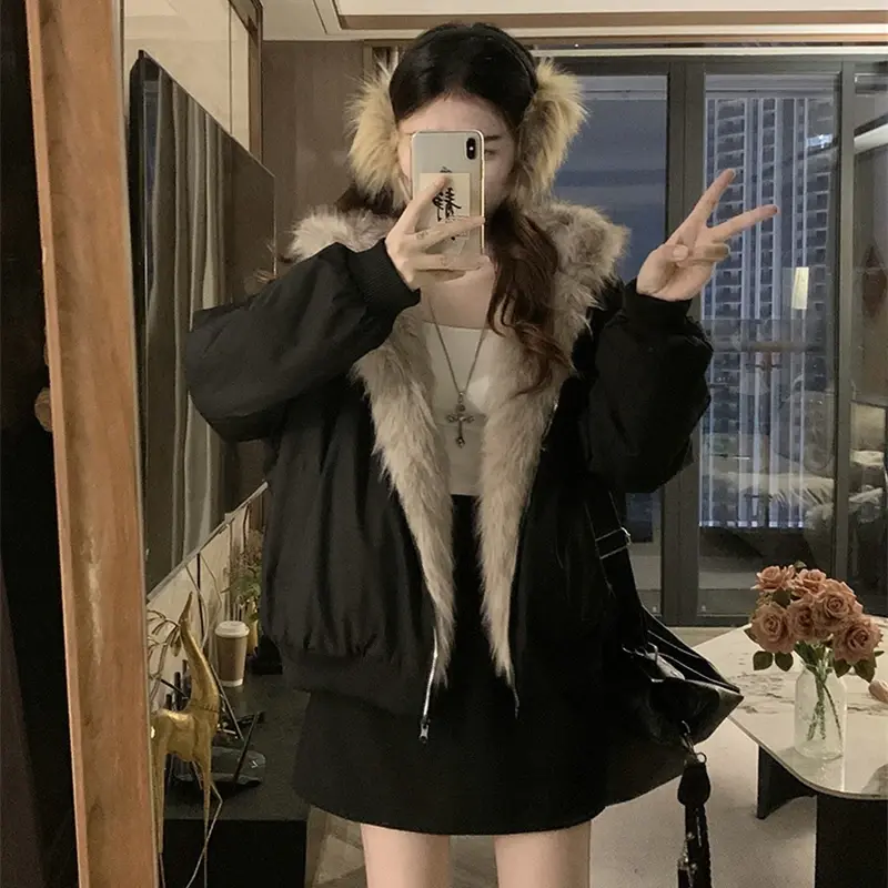 Thumbnail: Two-Sided Wear Imitation Mink Velvet Fur Hooded Cotton Padded Jacket Fashion New