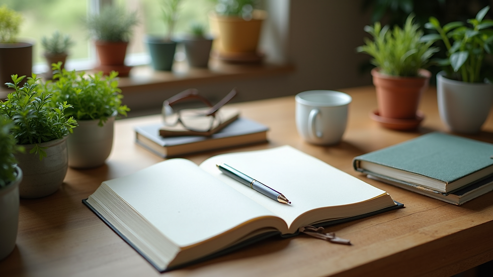 High angle view of a desktop with gardening books and a notebook