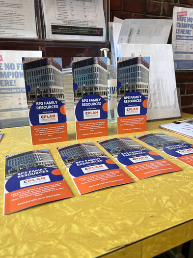 Table pictured with new CPLAN Boston Public Schools Family Resource brochures aimed at supporting family advocacy