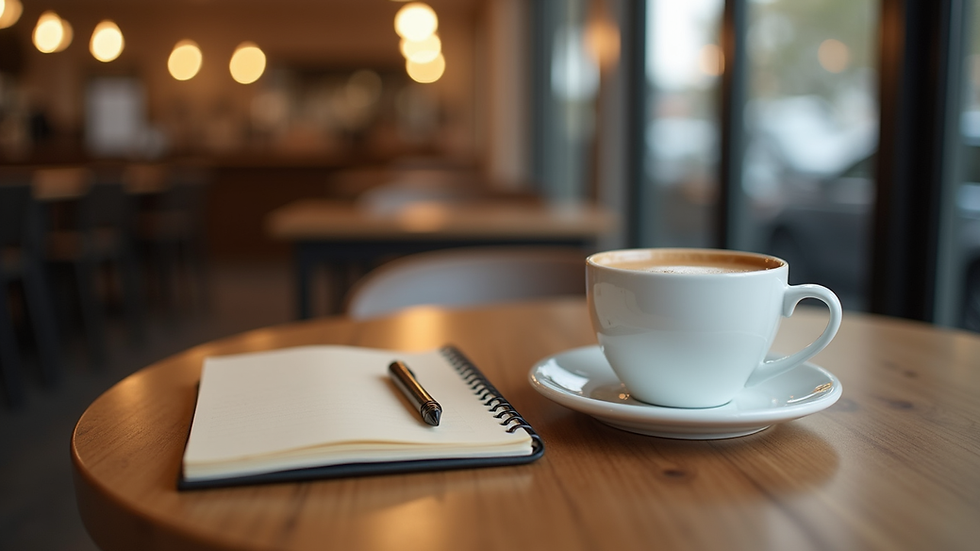 Eye-level view of a cozy café table with a cup of coffee and a notebook