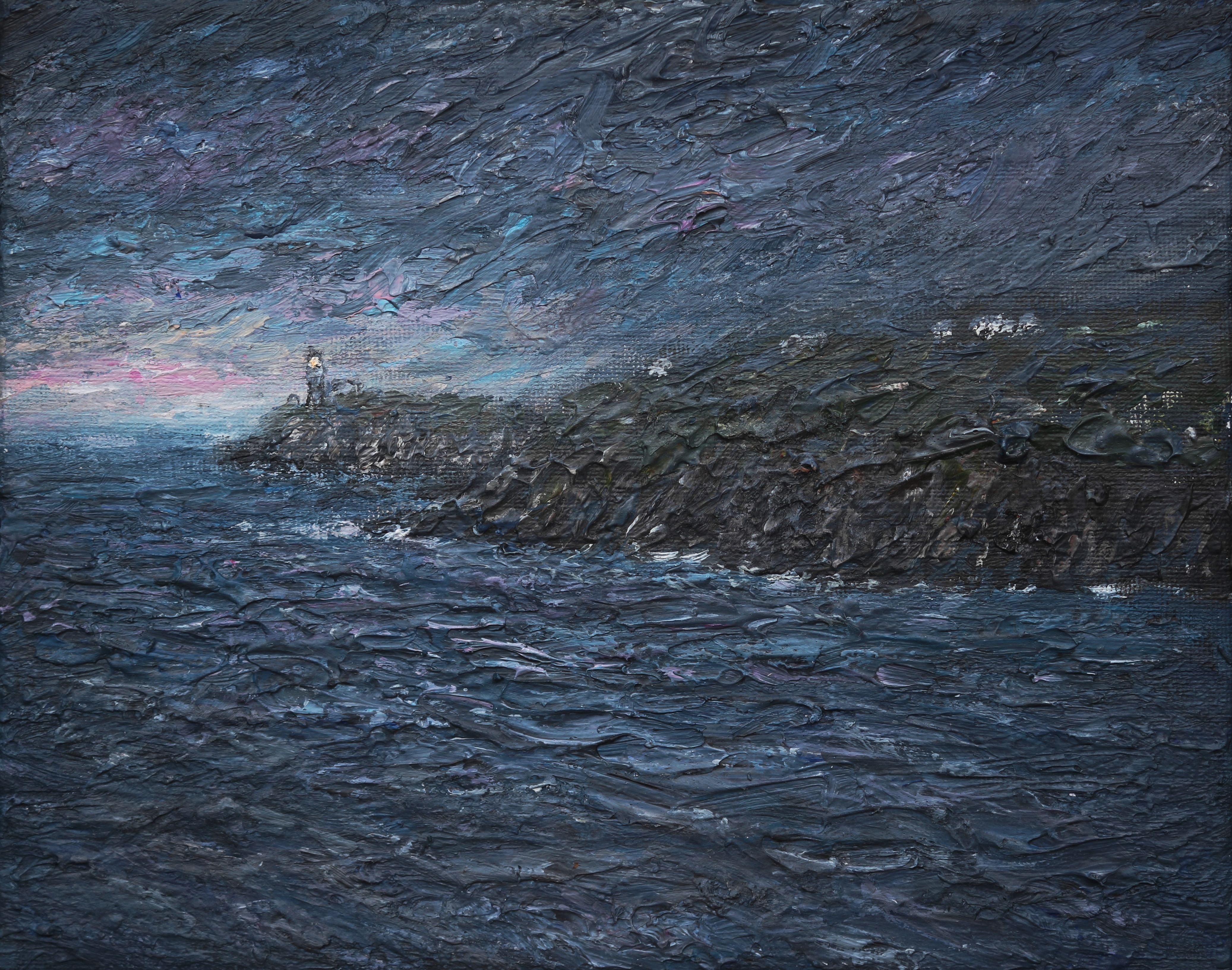 A murky dawn looking towards South stack lighthouse 15x20cm