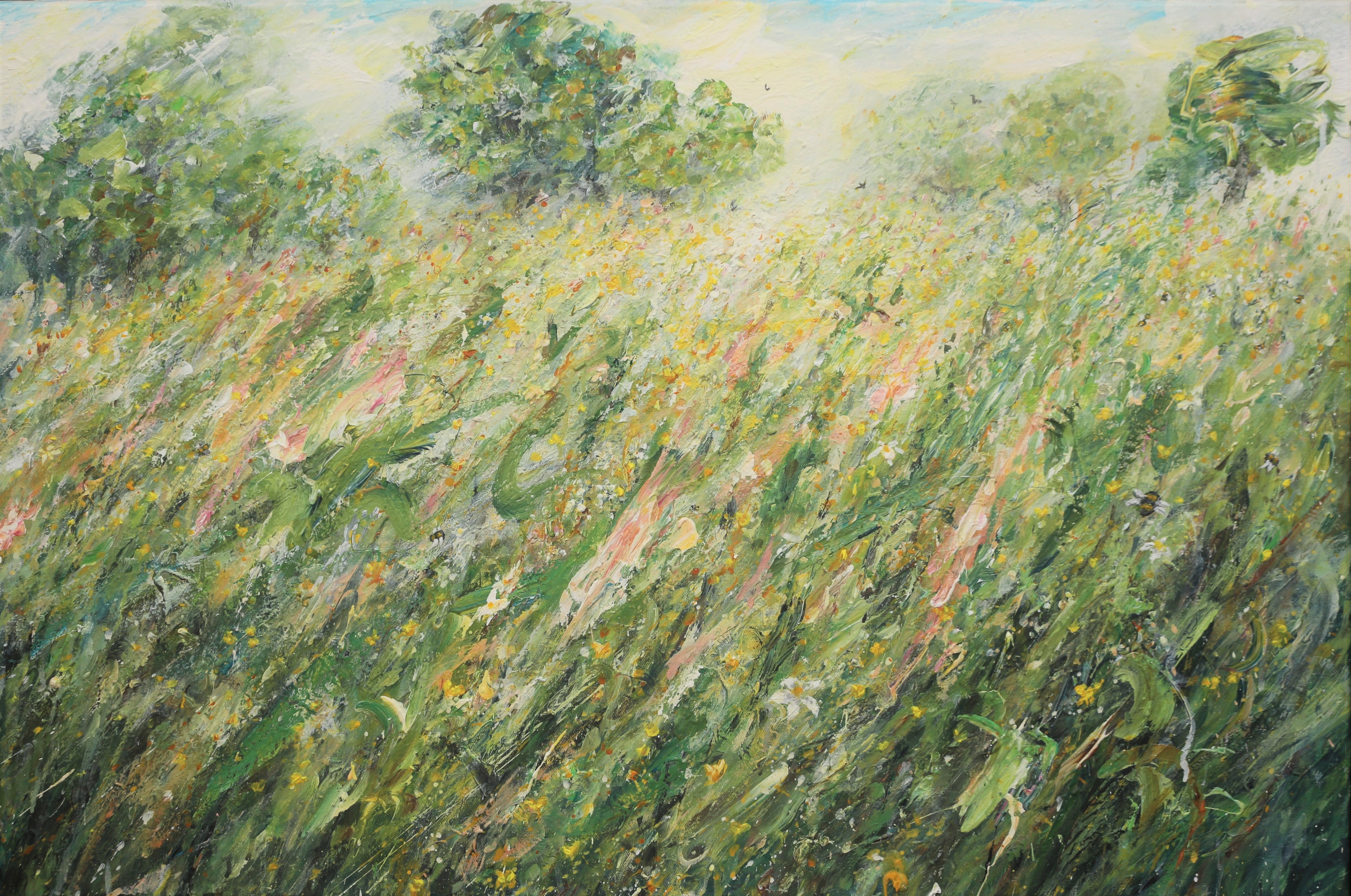 Blustery Meadow with Buttercups and Bees