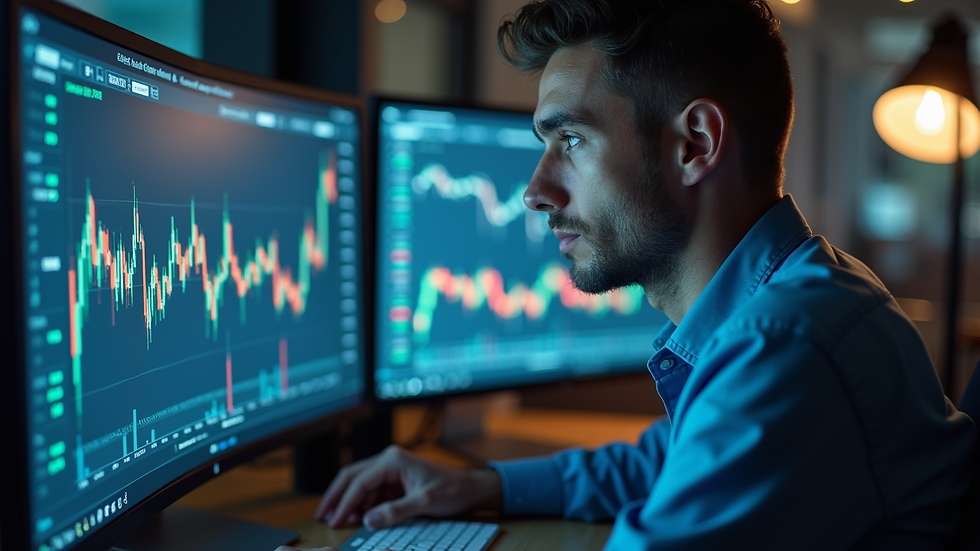Close-up view of a professional analysing cryptocurrency charts on multiple screens