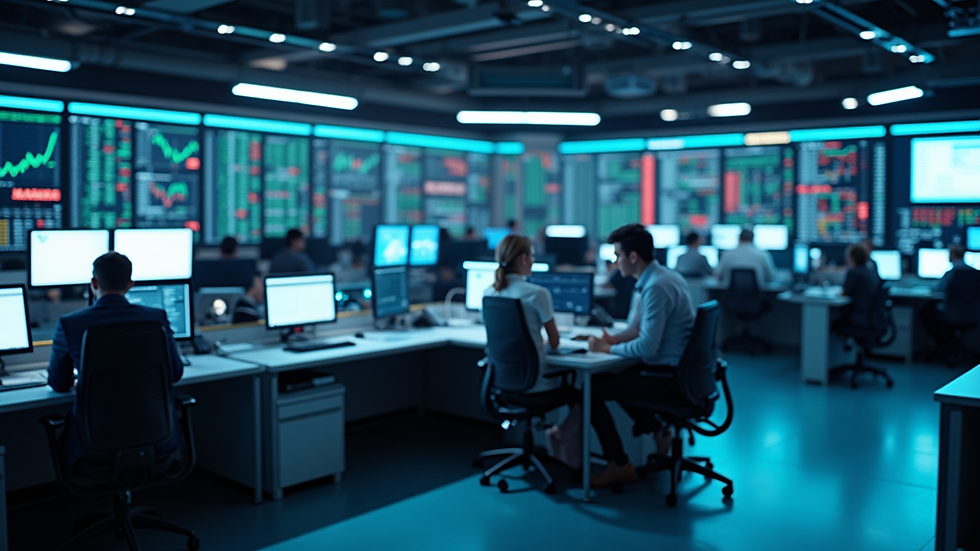 High angle view of a modern trading floor with multiple screens displaying financial data