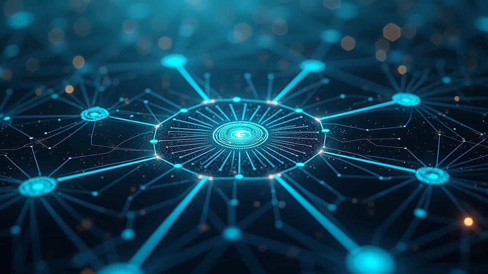 High angle view of digital blockchain network nodes