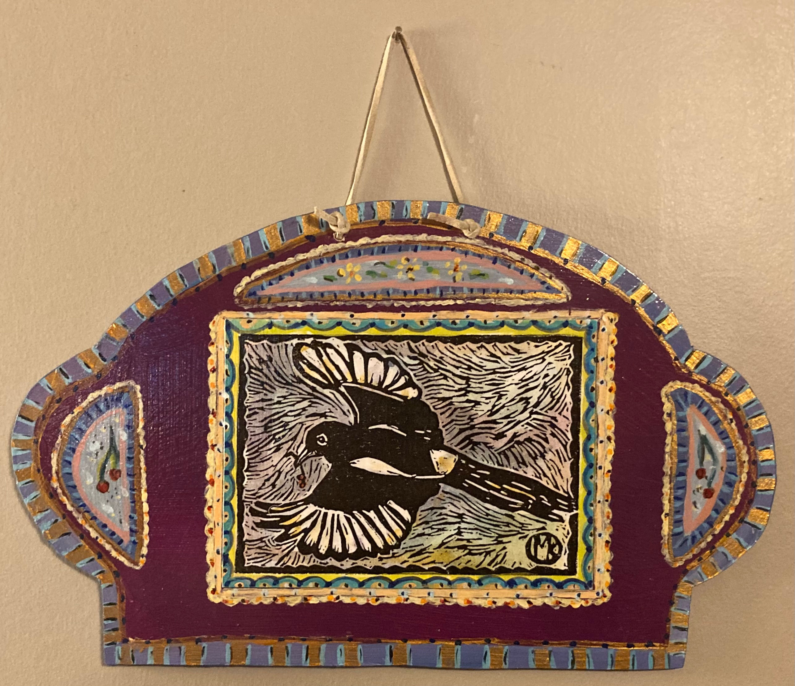 Magpie with Cherries, Retablo by Maggie Kendis