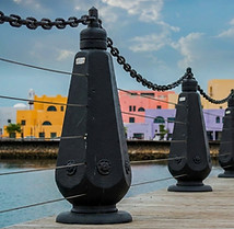 Cast iron decorative security bollards with chain for waterfront and pedestrian areas