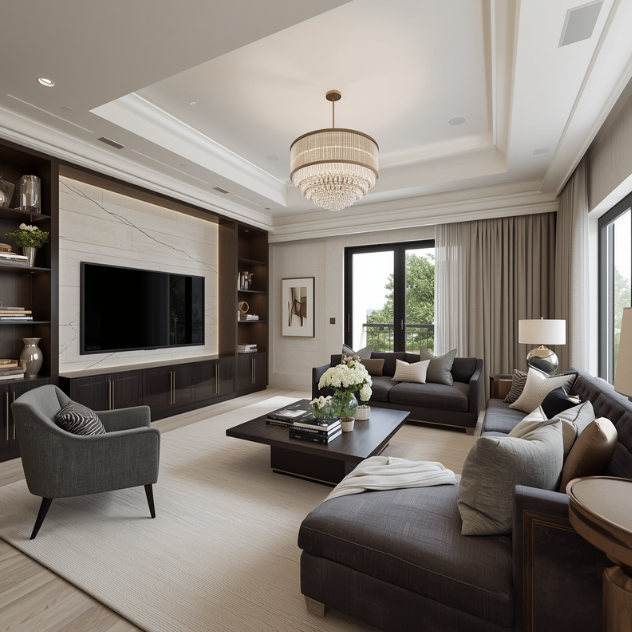 Transitional Style Family Room with Custom Fitted Cabinetry
