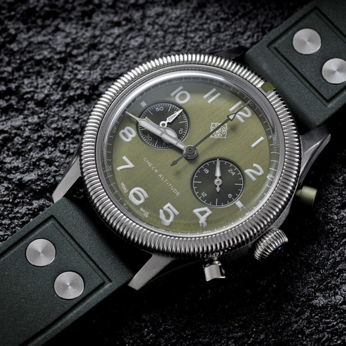 Ixdao Green Panda Aviator 39mm Pilot Chronograph Watch Stainless Steel