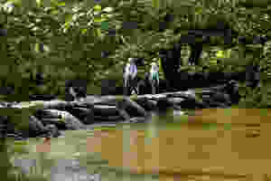Couple crossing Tarr's steps, Exmoor