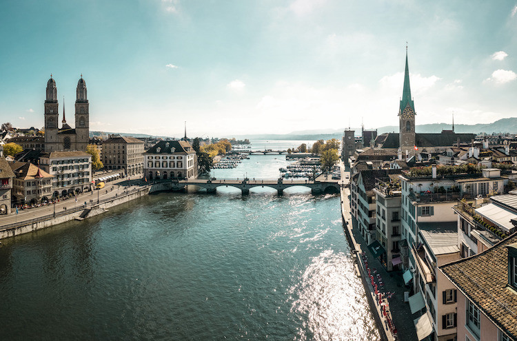 Aerial view of Zurich showing river and churches