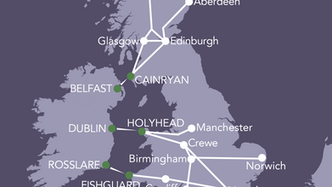 map showing locations for train and ferry journeys between Britain and Ireland