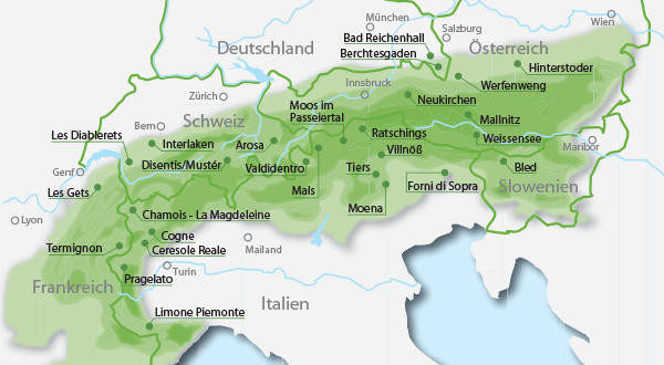 Map of the locations of Alpine Pearls