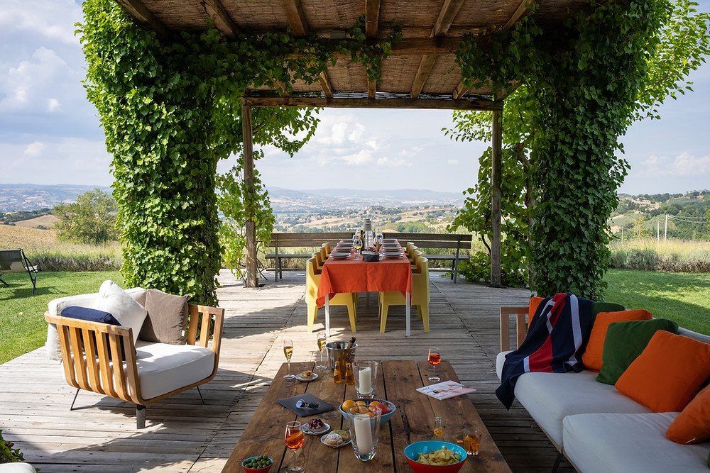 Table and sofa with mountain in background