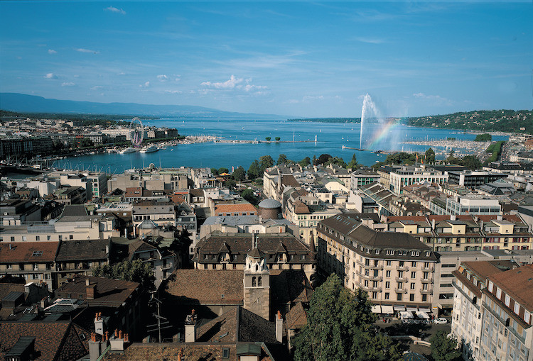 Aerial view of Geneva with lake in the background