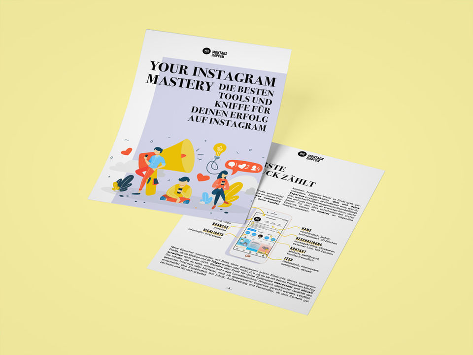 2-seitiges Dokument mit dem Titel "Your Instagram Master" in lila und gelb mit Text und einfachen comicartigen Zeichnungen
