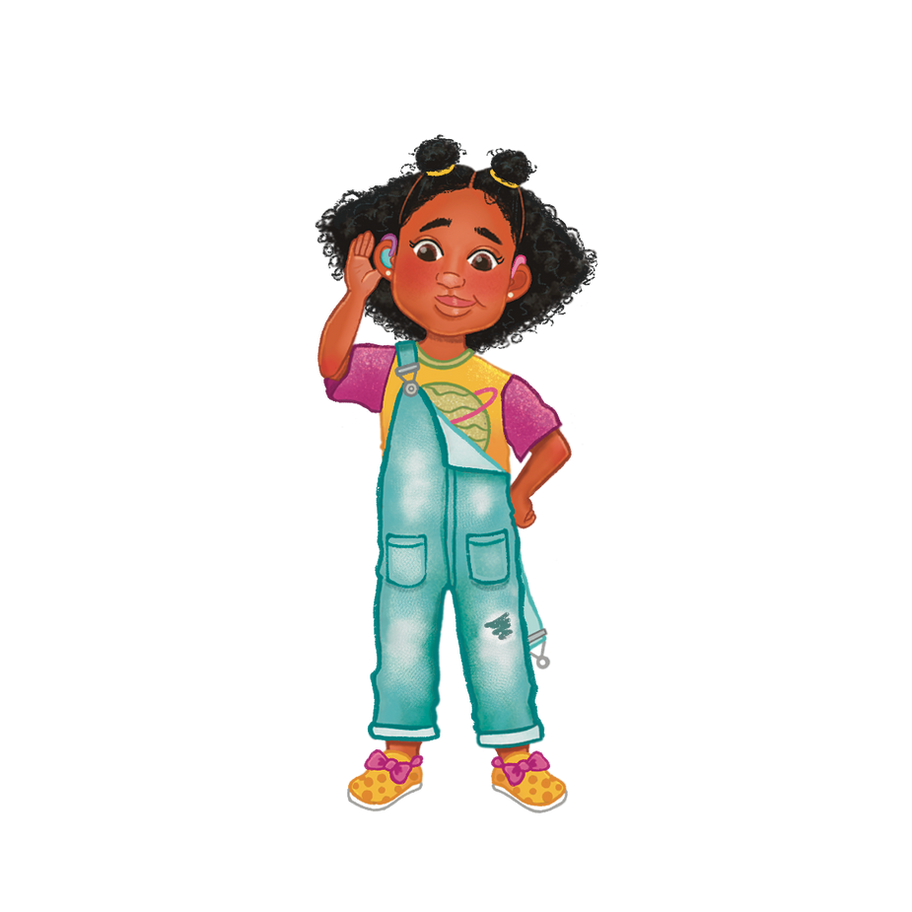 Black girl with curly puffs and hearing aids, posing confidently in turquoise overalls