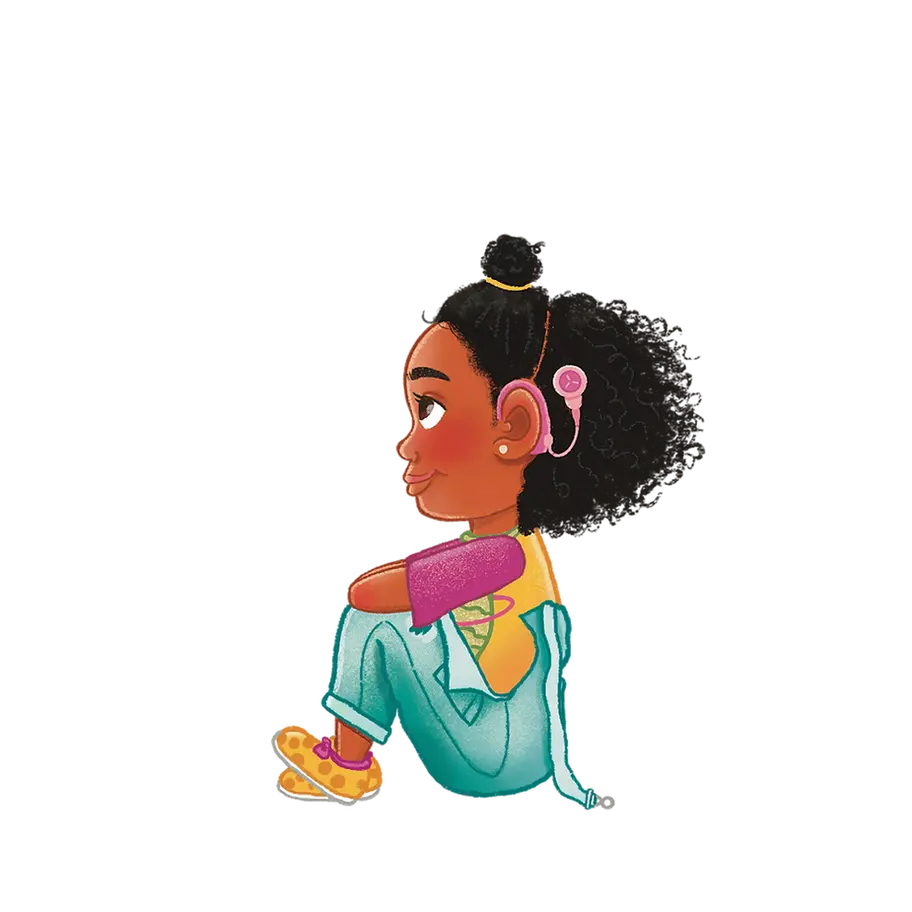 Jordyn, a girl with a pink cochlear implant, curly hair, and a teal outfit.oss-legged and sm