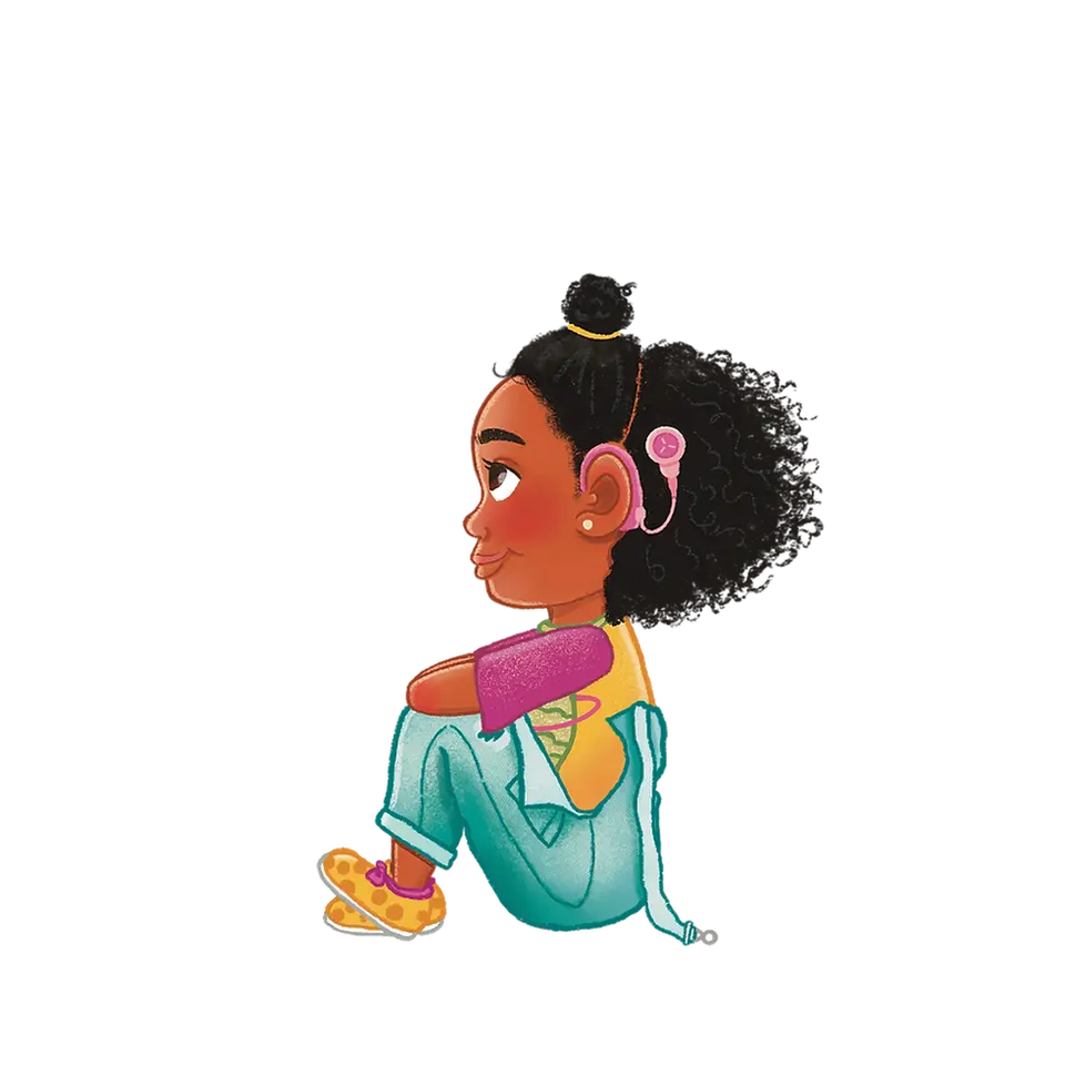 Jordyn, a girl with a pink cochlear implant, curly hair, and a teal outfit.oss-legged and sm